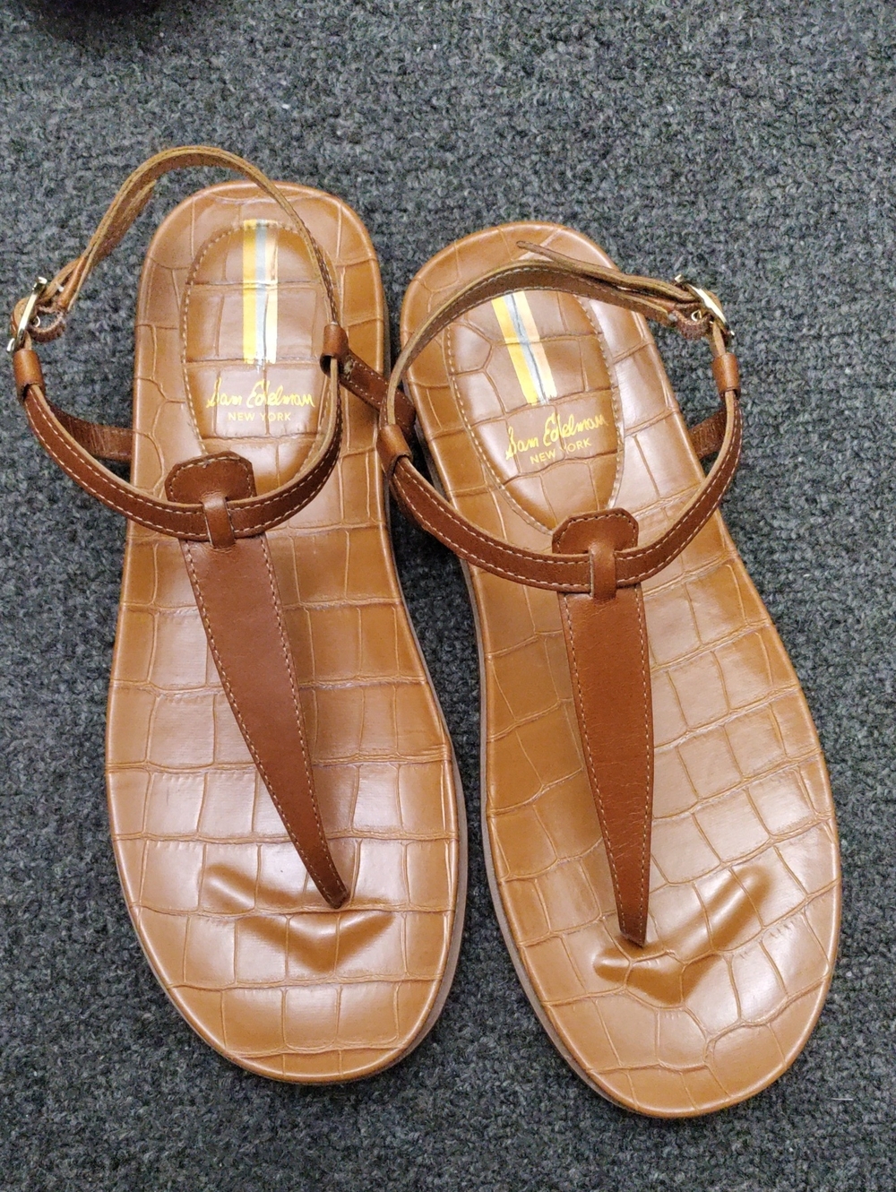 Sam Edelman Tan Croc-Embossed T-Strap Sandals